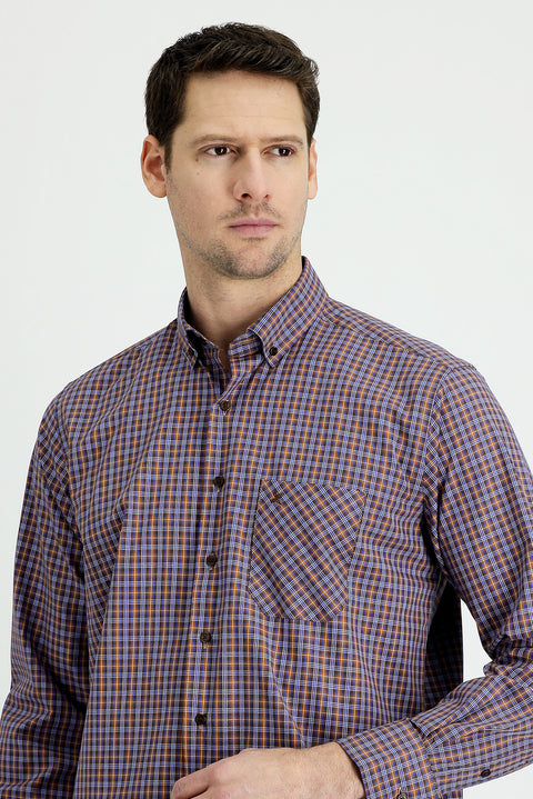 Medium Brown Long Sleeve Regular Fit Plaid Cotton Shirt