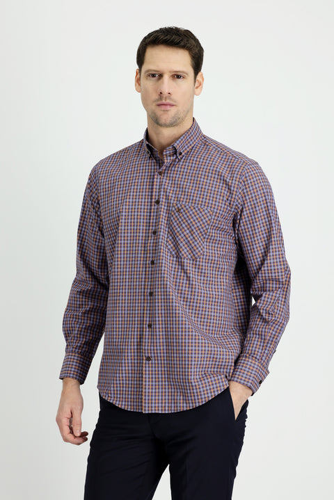 Medium Brown Long Sleeve Regular Fit Plaid Cotton Shirt