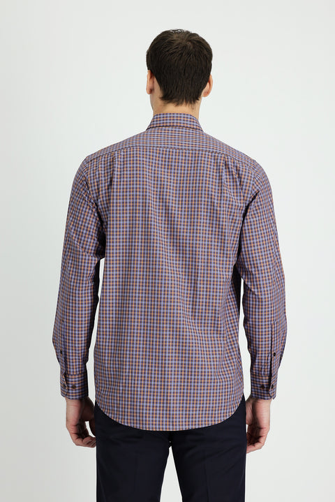 Medium Brown Long Sleeve Regular Fit Plaid Cotton Shirt