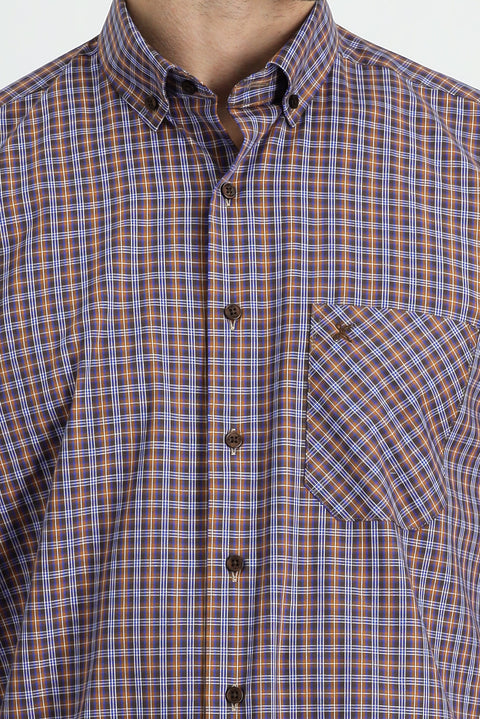 Medium Brown Long Sleeve Regular Fit Plaid Cotton Shirt