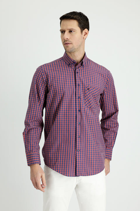 Flag Red Long Sleeve Regular Fit Plaid Cotton Shirt