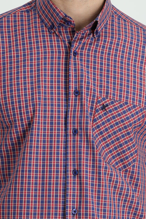Flag Red Long Sleeve Regular Fit Plaid Cotton Shirt