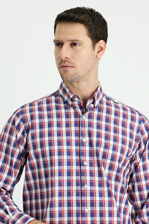 Medium Navy Long Sleeve Regular Fit Plaid Cotton Shirt