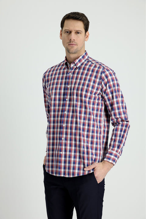 Medium Navy Long Sleeve Regular Fit Plaid Cotton Shirt