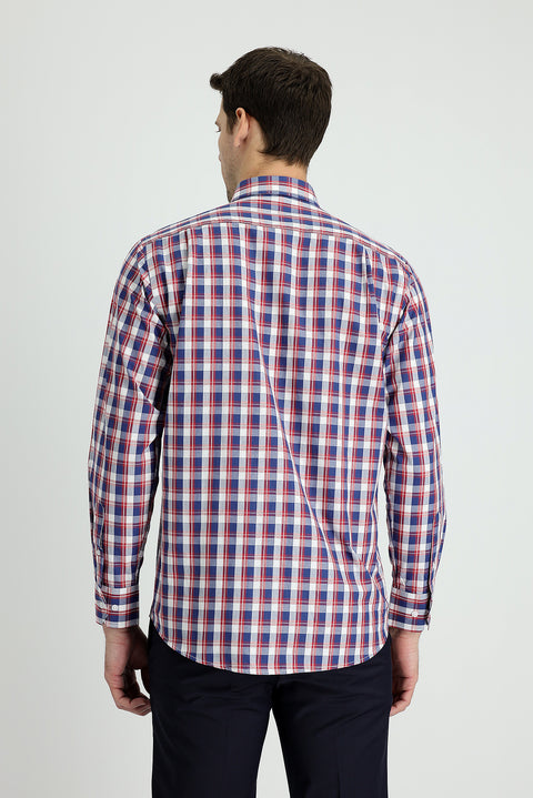 Medium Navy Long Sleeve Regular Fit Plaid Cotton Shirt