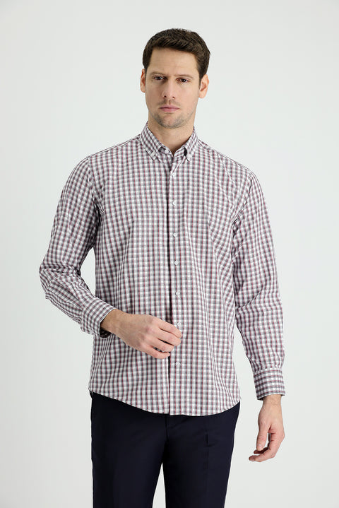 Flag Red Long Sleeve Regular Fit Plaid Cotton Shirt