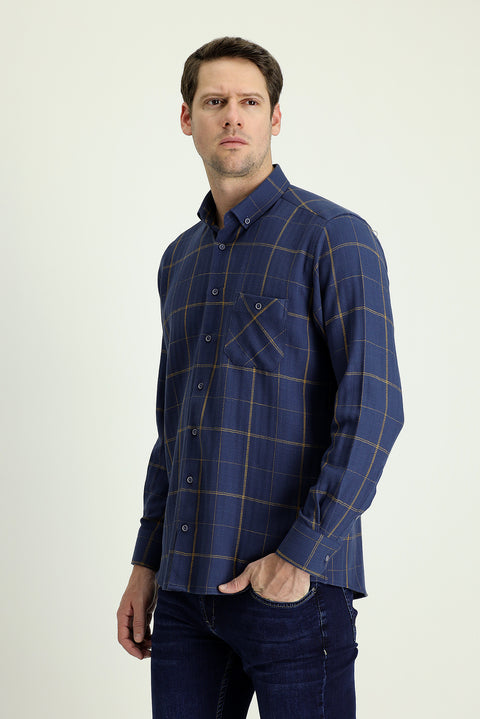 Medium Navy Long Sleeve Regular Fit Plaid Cotton Shirt