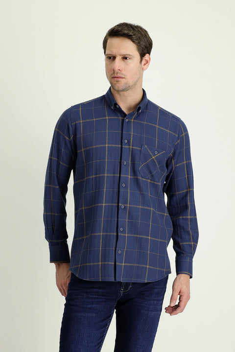 Medium Navy Long Sleeve Regular Fit Plaid Cotton Shirt