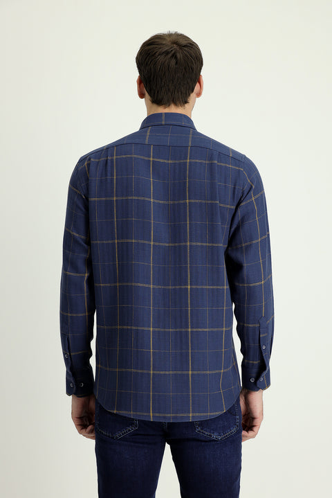 Medium Navy Long Sleeve Regular Fit Plaid Cotton Shirt