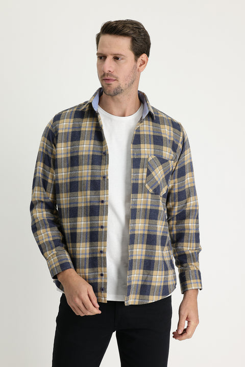 Orta Bej Regular Fit Ekose Shacket Oduncu Pamuklu Gömlek