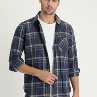 Dark Navy Regular Fit Plaid Shacket Cotton Shirt