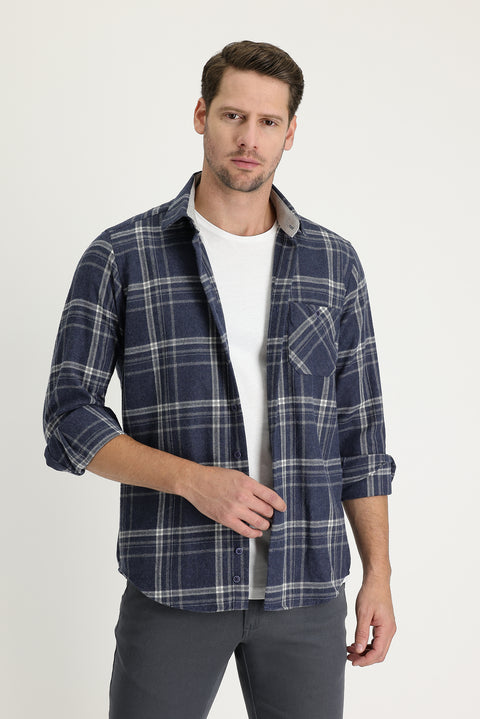 Dark Navy Regular Fit Plaid Shacket Cotton Shirt