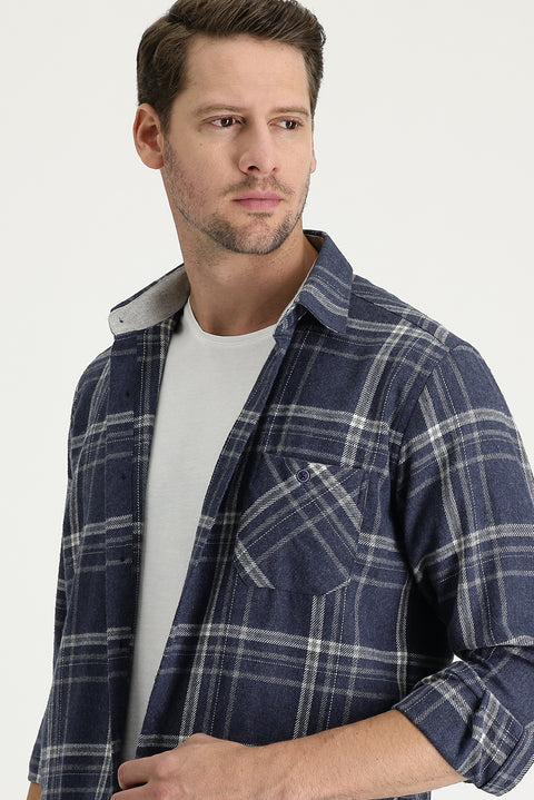 Dark Navy Regular Fit Plaid Shacket Cotton Shirt