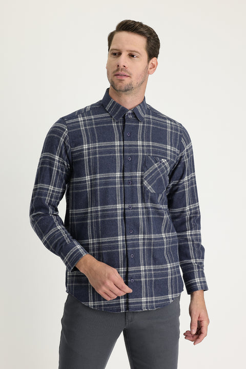 Dark Navy Regular Fit Plaid Shacket Cotton Shirt