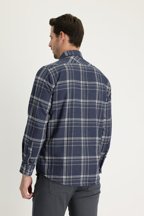 Dark Navy Regular Fit Plaid Shacket Cotton Shirt