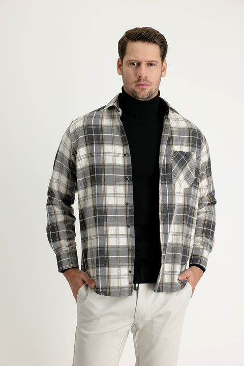 Açık Bej Regular Fit Ekose Shacket Gömlek