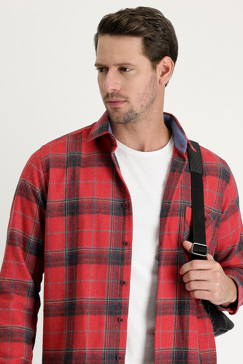 Red Long Sleeve Regular Fit Plaid Shacket Lumberjack Cotton Shirt
