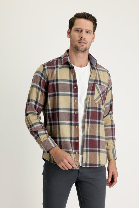 Koyu Bej Regular Fit Ekose Shacket Pamuklu Gömlek