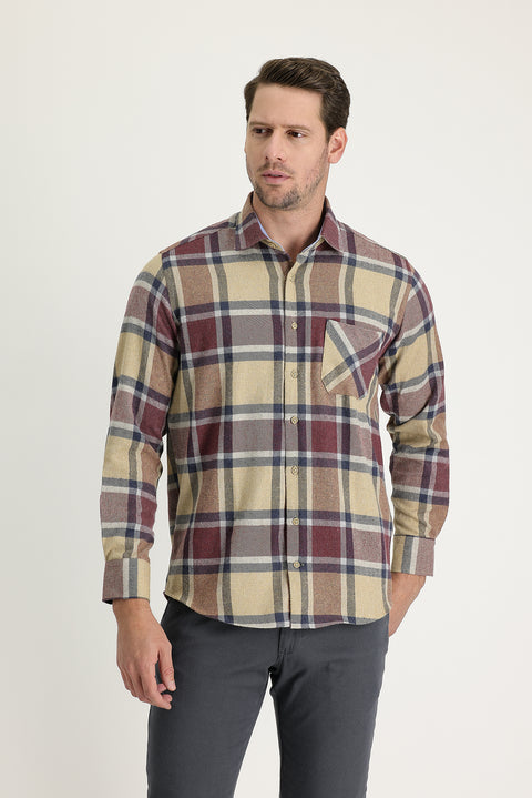 Koyu Bej Regular Fit Ekose Shacket Pamuklu Gömlek