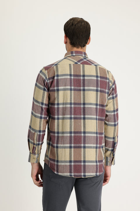 Koyu Bej Regular Fit Ekose Shacket Pamuklu Gömlek