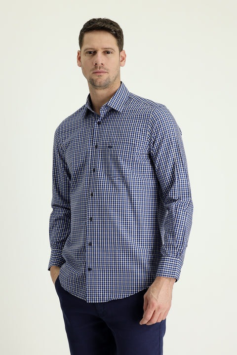 Medium Navy Long Sleeve Regular Fit Plaid Sport Cotton Shirt
