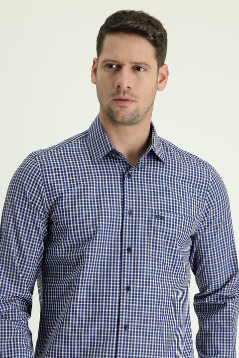 Medium Navy Long Sleeve Regular Fit Plaid Sport Cotton Shirt