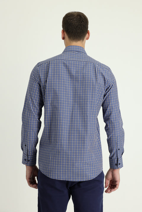 Medium Navy Long Sleeve Regular Fit Plaid Sport Cotton Shirt