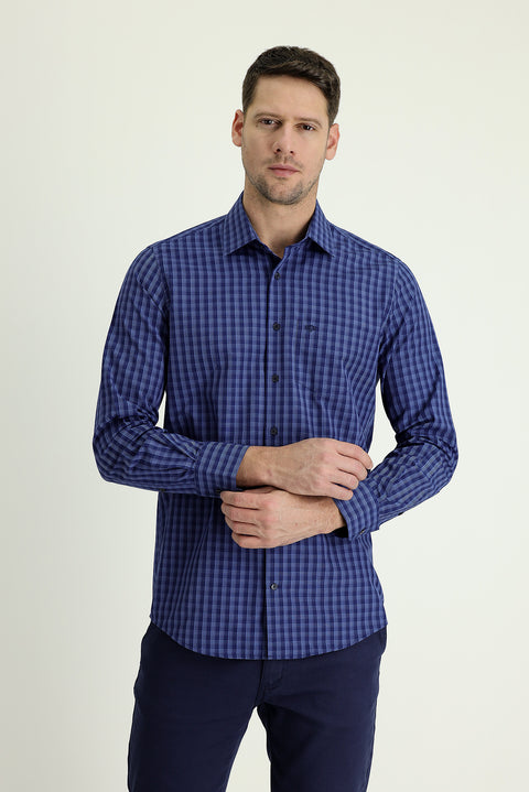 Light Blue Long Sleeve Regular Fit Plaid Sport Cotton Shirt