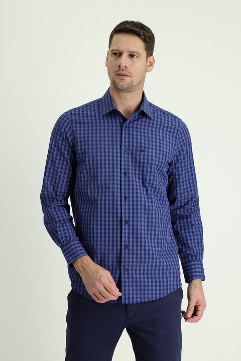 Light Blue Long Sleeve Regular Fit Plaid Sport Cotton Shirt