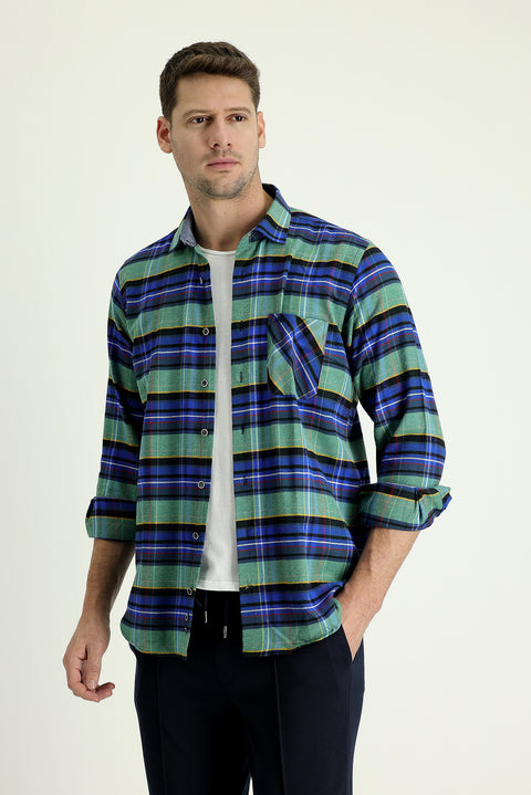 Dark Blue Long Sleeve Regular Fit Plaid Lumberjack Cotton Easy-Iron Shirt