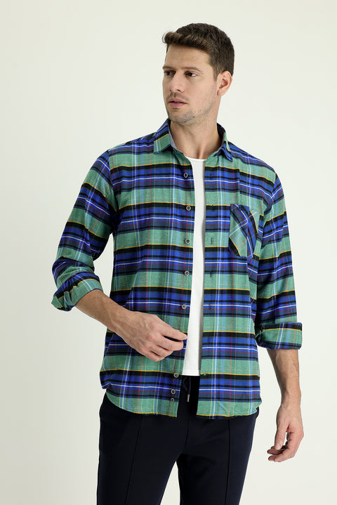 Dark Blue Long Sleeve Regular Fit Plaid Lumberjack Cotton Easy-Iron Shirt