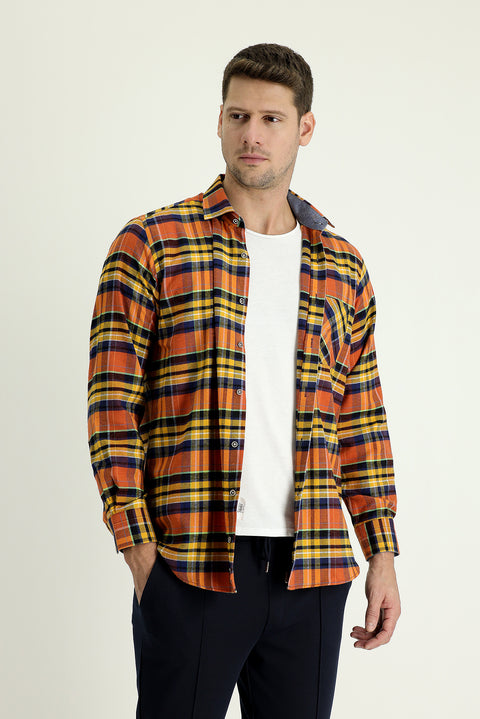 Medium Orange Long Sleeve Regular Fit Plaid Lumberjack Cotton Easy-Iron Shirt