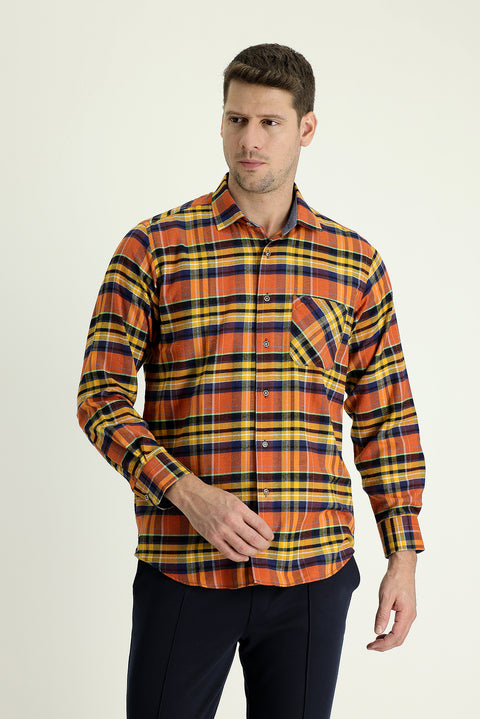 Medium Orange Long Sleeve Regular Fit Plaid Lumberjack Cotton Easy-Iron Shirt