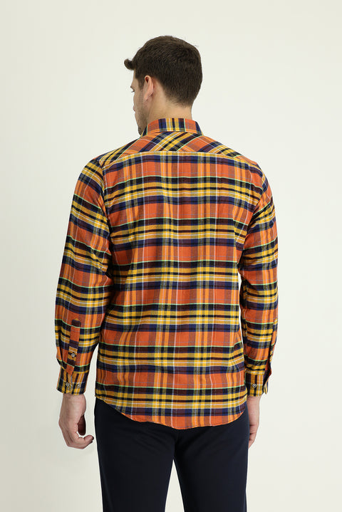 Medium Orange Long Sleeve Regular Fit Plaid Lumberjack Cotton Easy-Iron Shirt