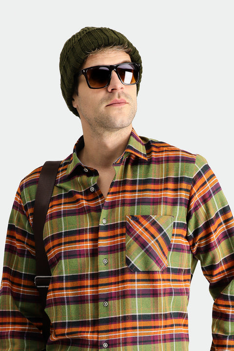 Olive Green Long Sleeve Regular Fit Plaid Lumberjack Cotton Easy-Iron Shirt