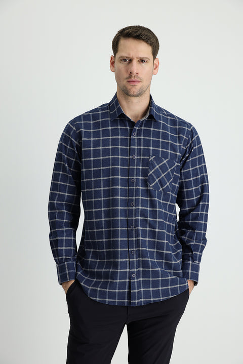 Dark Blue Long Sleeve Regular Fit Plaid Lumberjack Cotton Easy-Iron Shirt