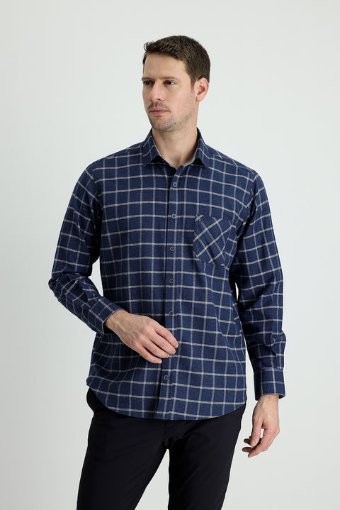 Dark Blue Long Sleeve Regular Fit Plaid Lumberjack Cotton Easy-Iron Shirt