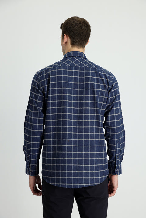 Dark Blue Long Sleeve Regular Fit Plaid Lumberjack Cotton Easy-Iron Shirt