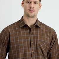 Medium Brown Long Sleeve Regular Fit Plaid Lumberjack Easy Iron Cotton Shirt