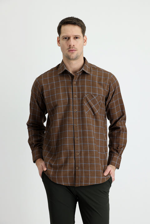 Medium Brown Long Sleeve Regular Fit Plaid Lumberjack Easy Iron Cotton Shirt