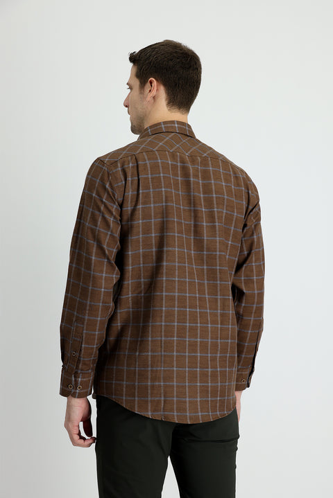Medium Brown Long Sleeve Regular Fit Plaid Lumberjack Easy Iron Cotton Shirt