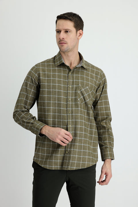 Medium Khaki Long Sleeve Regular Fit Plaid Lumberjack Cotton Easy-Iron Shirt