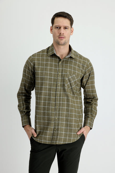 Medium Khaki Long Sleeve Regular Fit Plaid Lumberjack Cotton Easy-Iron Shirt