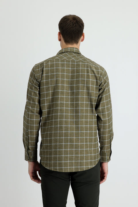 Medium Khaki Long Sleeve Regular Fit Plaid Lumberjack Cotton Easy-Iron Shirt