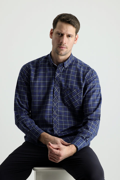 Dark Navy Long Sleeve Regular Fit Plaid Lumberjack Cotton Shirt