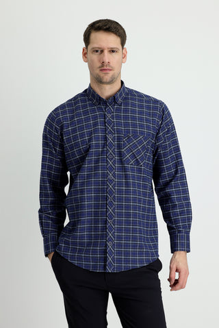  Koyu Lacivert Uzun Kol Regular Fit Ekose Oduncu Pamuklu Gömlek