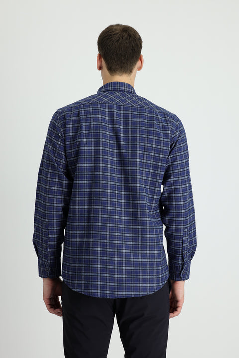 Dark Navy Long Sleeve Regular Fit Plaid Lumberjack Cotton Shirt