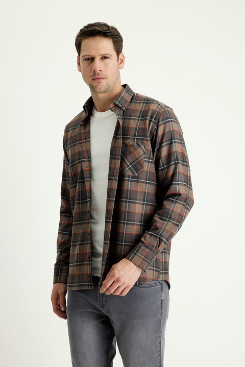 Medium Brown Long Sleeve Regular Fit Plaid Lumberjack Shirt