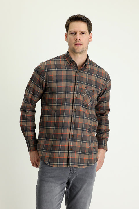 Medium Brown Long Sleeve Regular Fit Plaid Lumberjack Shirt