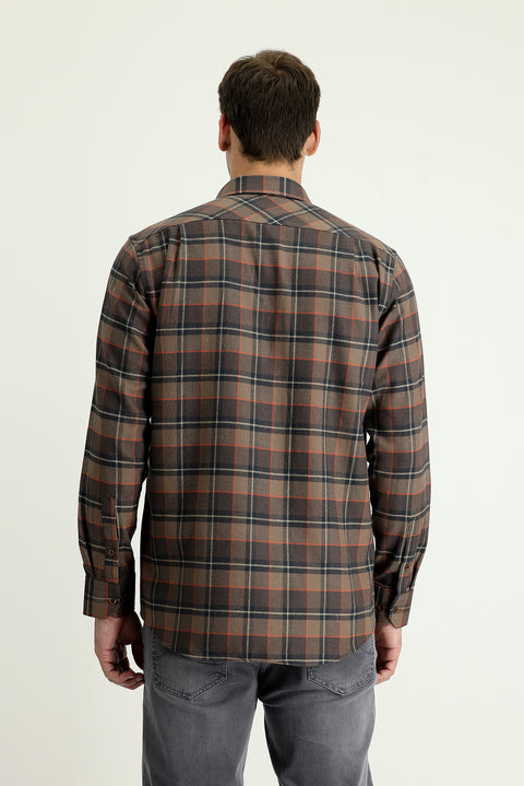 Medium Brown Long Sleeve Regular Fit Plaid Lumberjack Shirt